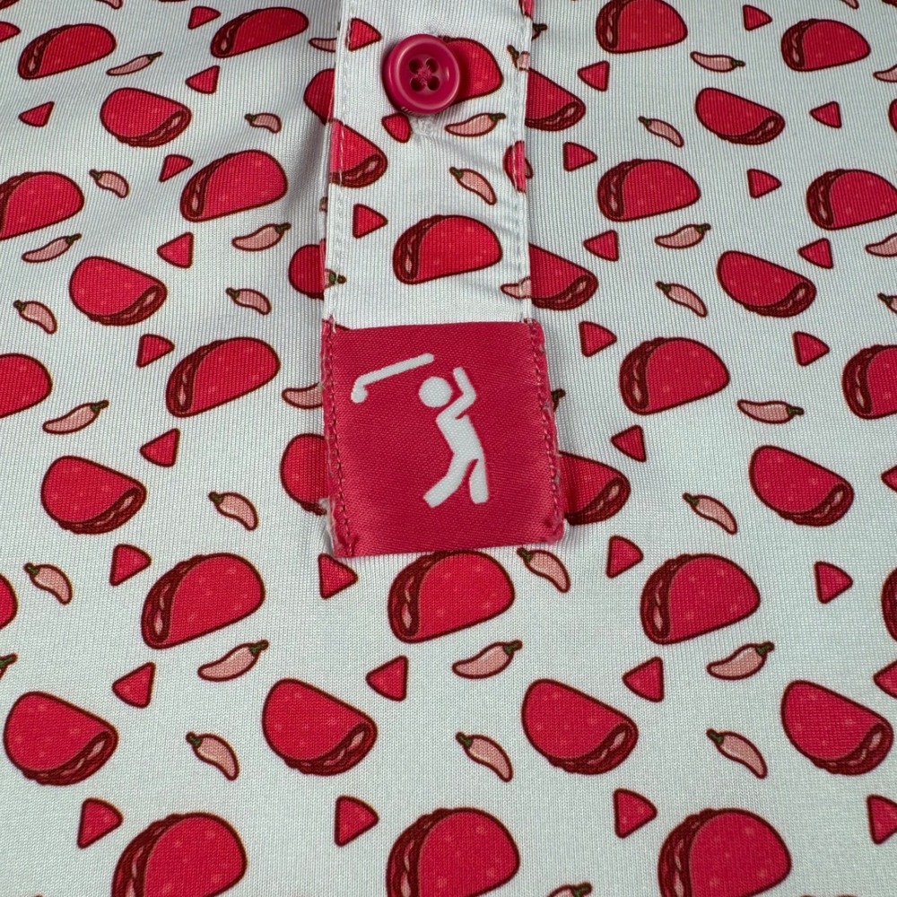 Bogey Bros Golf Co Mens XXL Taco Chili Pepper Print Performance Polo Shirt Pink - Picture 5 of 11